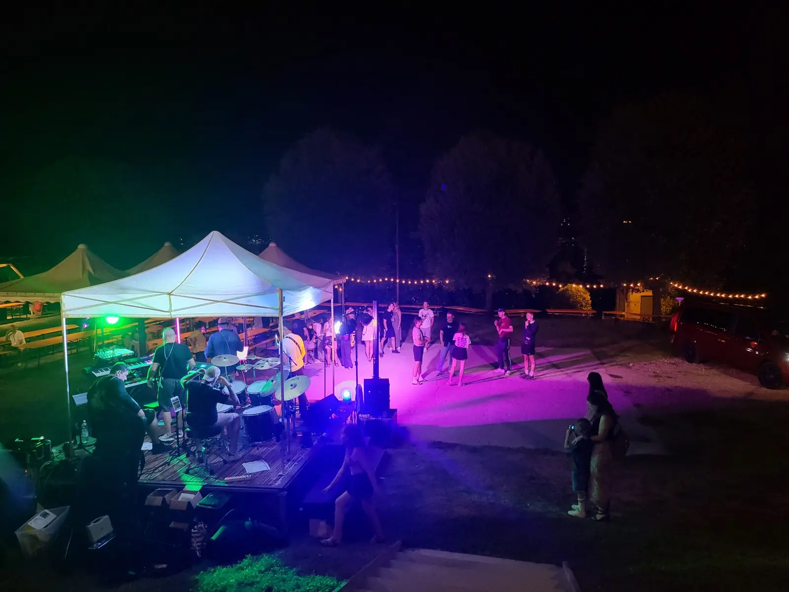 Concerto serale sotto i gazebo con il pubblico che balla sul piazzale illuminato di rosa e le lampadine appese tra gli alberi
