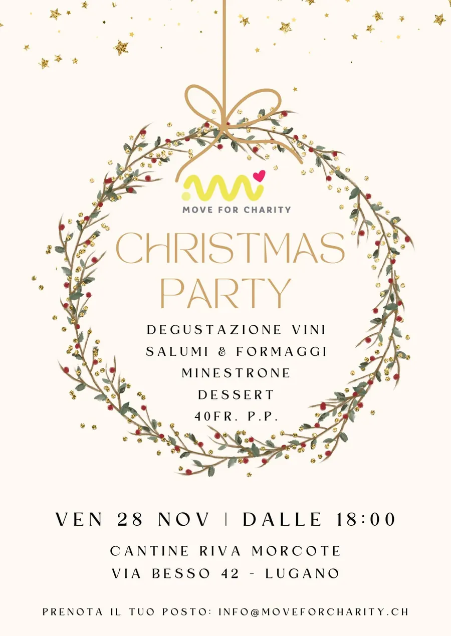 Locandina della Christmas Party di Move for Charity con ghirlanda natalizia, menu della serata e appuntamento del 28 novembre alle Cantine Riva Morcote