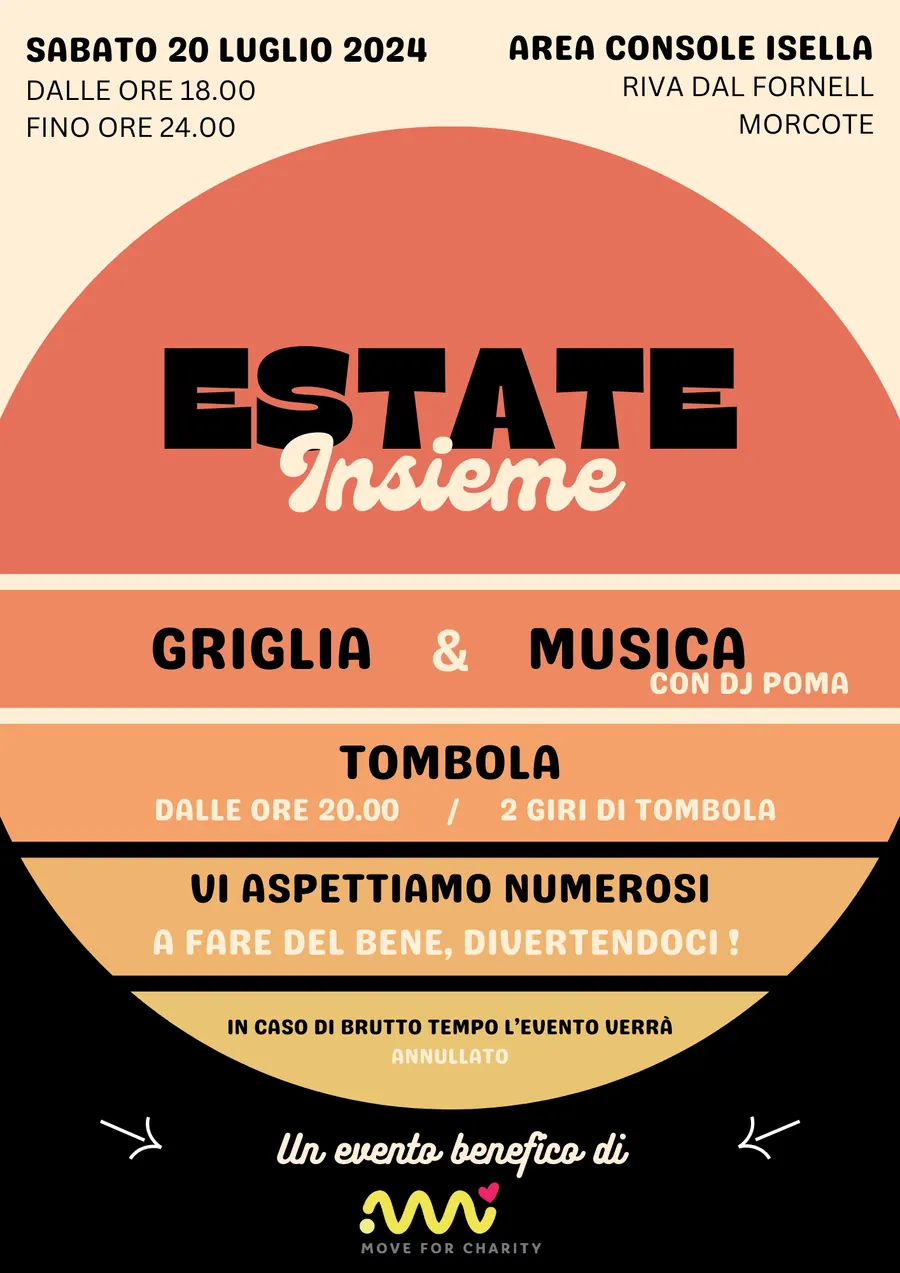 Locandina di Estate Insieme del 20 luglio 2024 a Morcote con griglia, musica e due giri di tombola