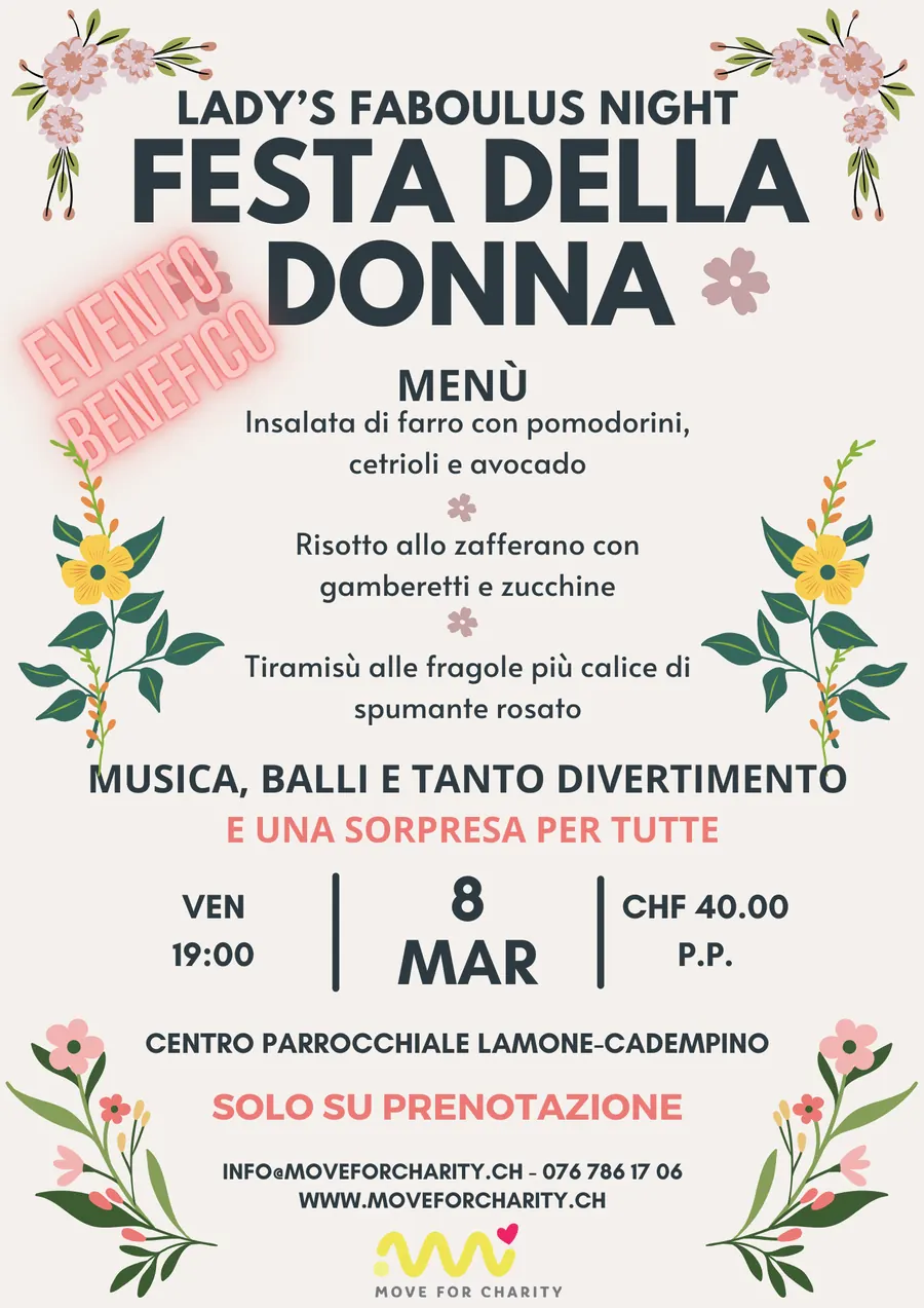 Locandina della Festa della Donna con cornice di fiori, menu della cena e dettagli della serata dell'8 marzo a Lamone-Cademario