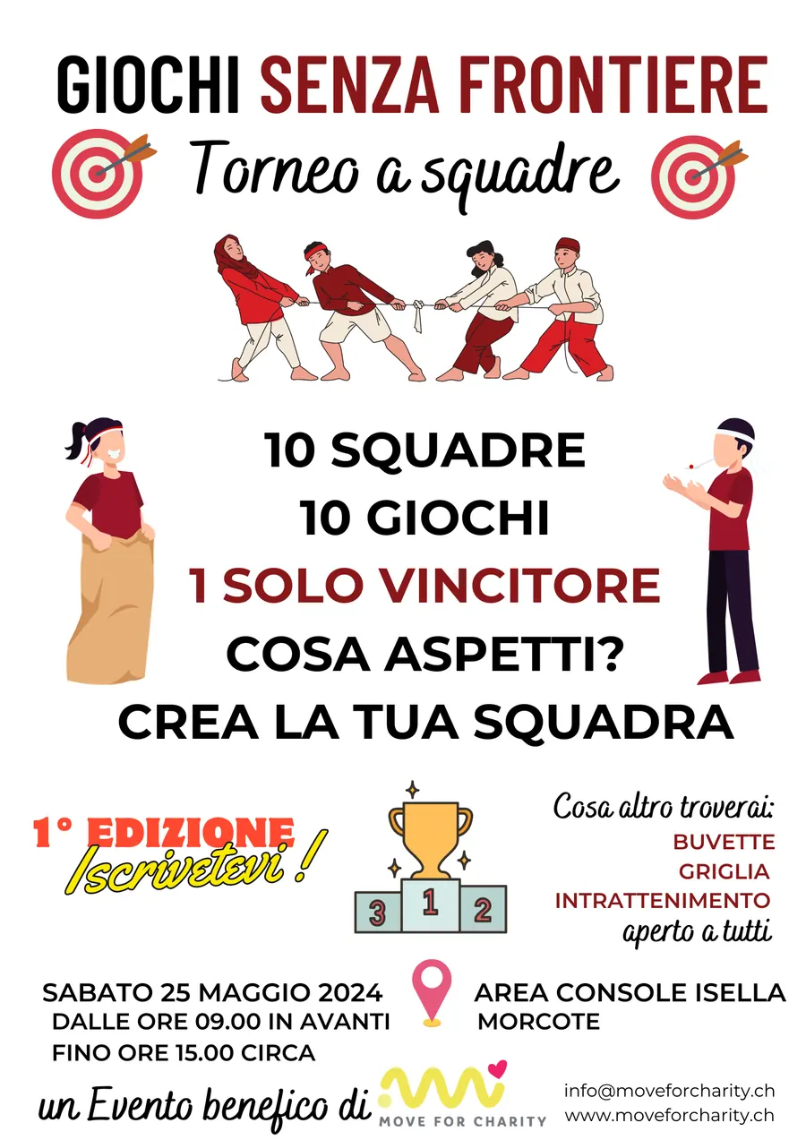 Locandina definitiva di Giochi Senza Frontiere, torneo a squadre del 25 maggio 2024 all'Area Console Isella di Morcote