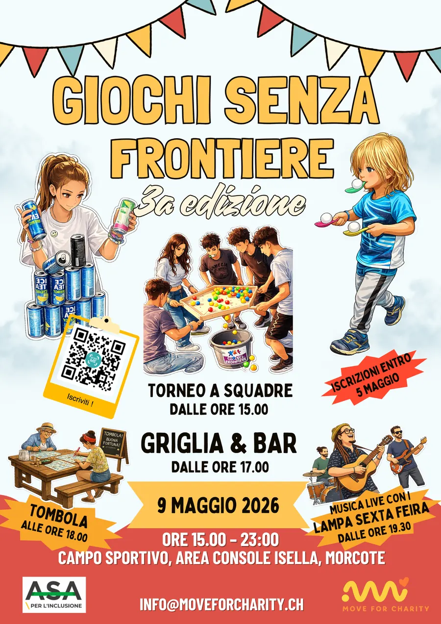 Locandina della terza edizione di Giochi Senza Frontiere del 9 maggio 2026 a Morcote con torneo a squadre, griglia, tombola e musica live