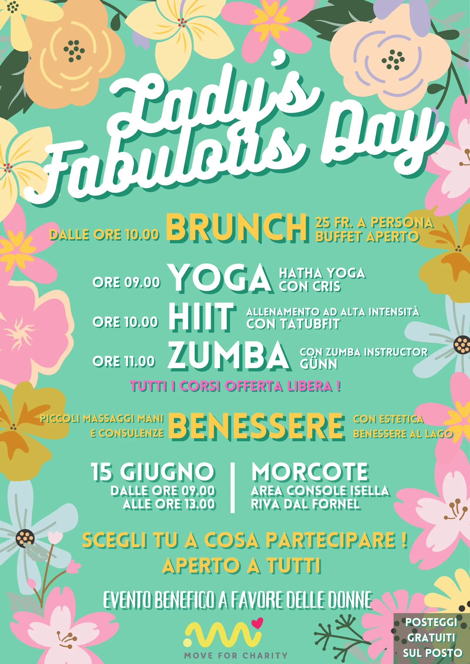 Locandina di Lady's Fabulous Day a Morcote con il programma della giornata tra brunch, yoga, HIIT e Zumba