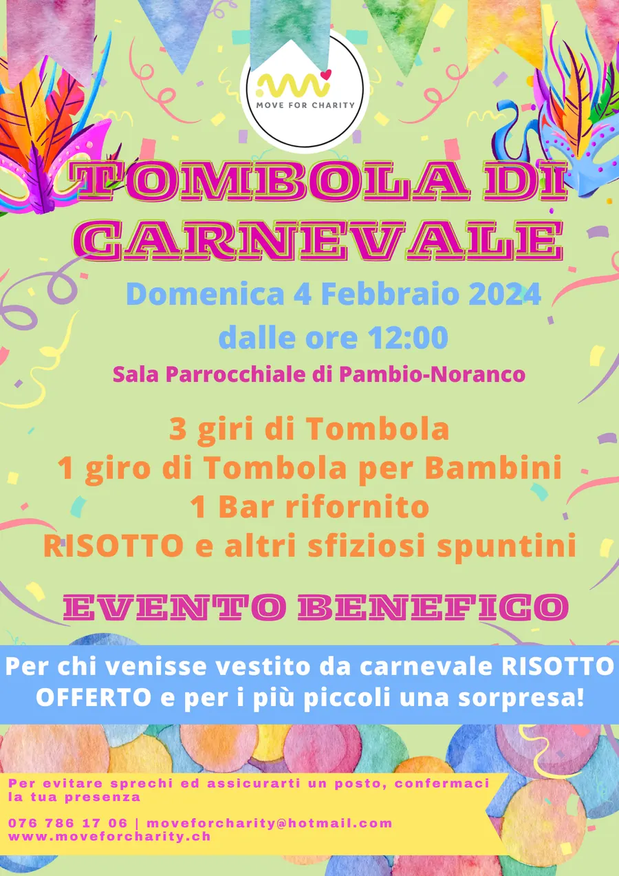 Locandina della Tombola di Carnevale di domenica 4 febbraio 2024 nella sala parrocchiale di Pambio-Noranco