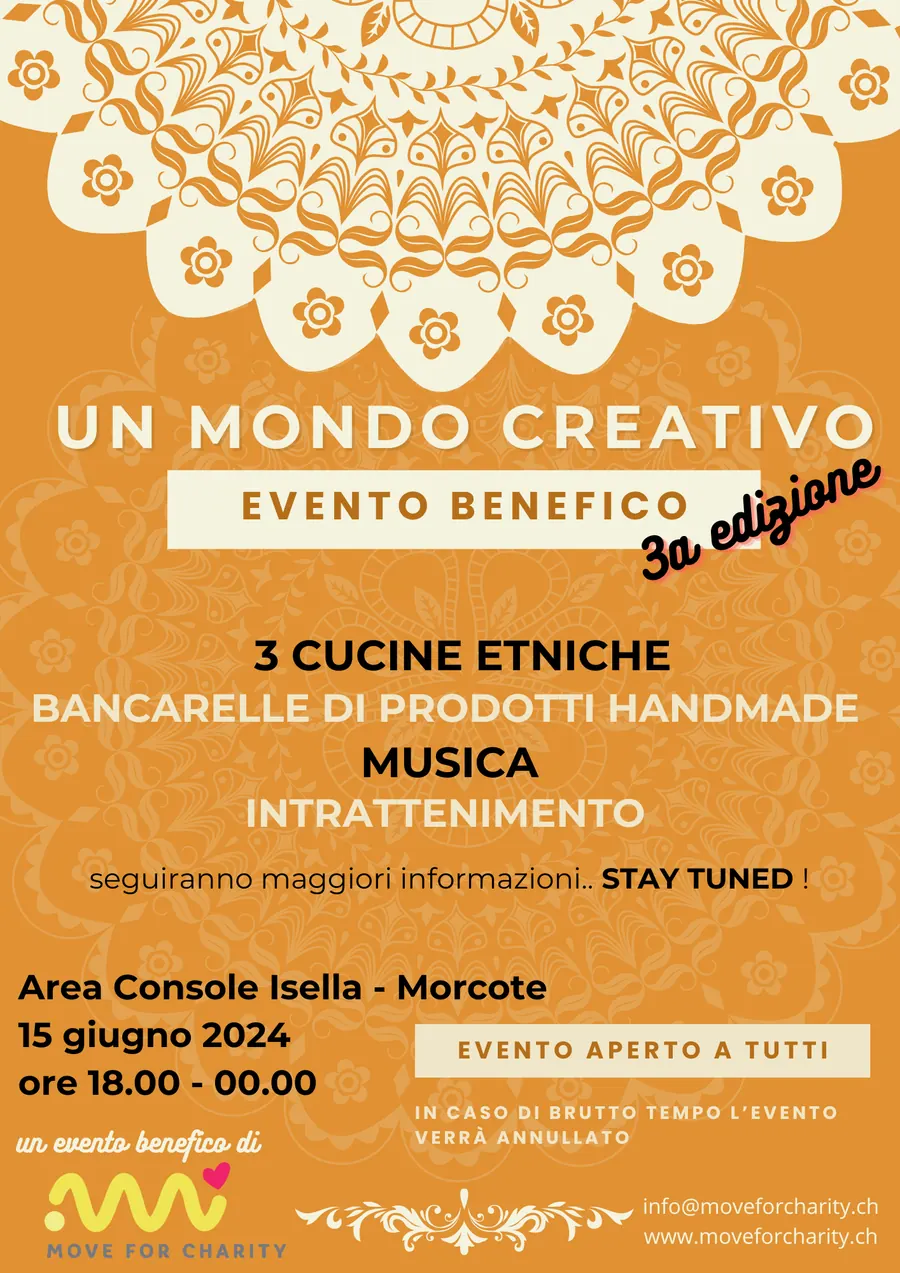 Locandina arancione della terza edizione di Un Mondo Creativo a Morcote, 15 giugno 2024, con cucine etniche, bancarelle e musica