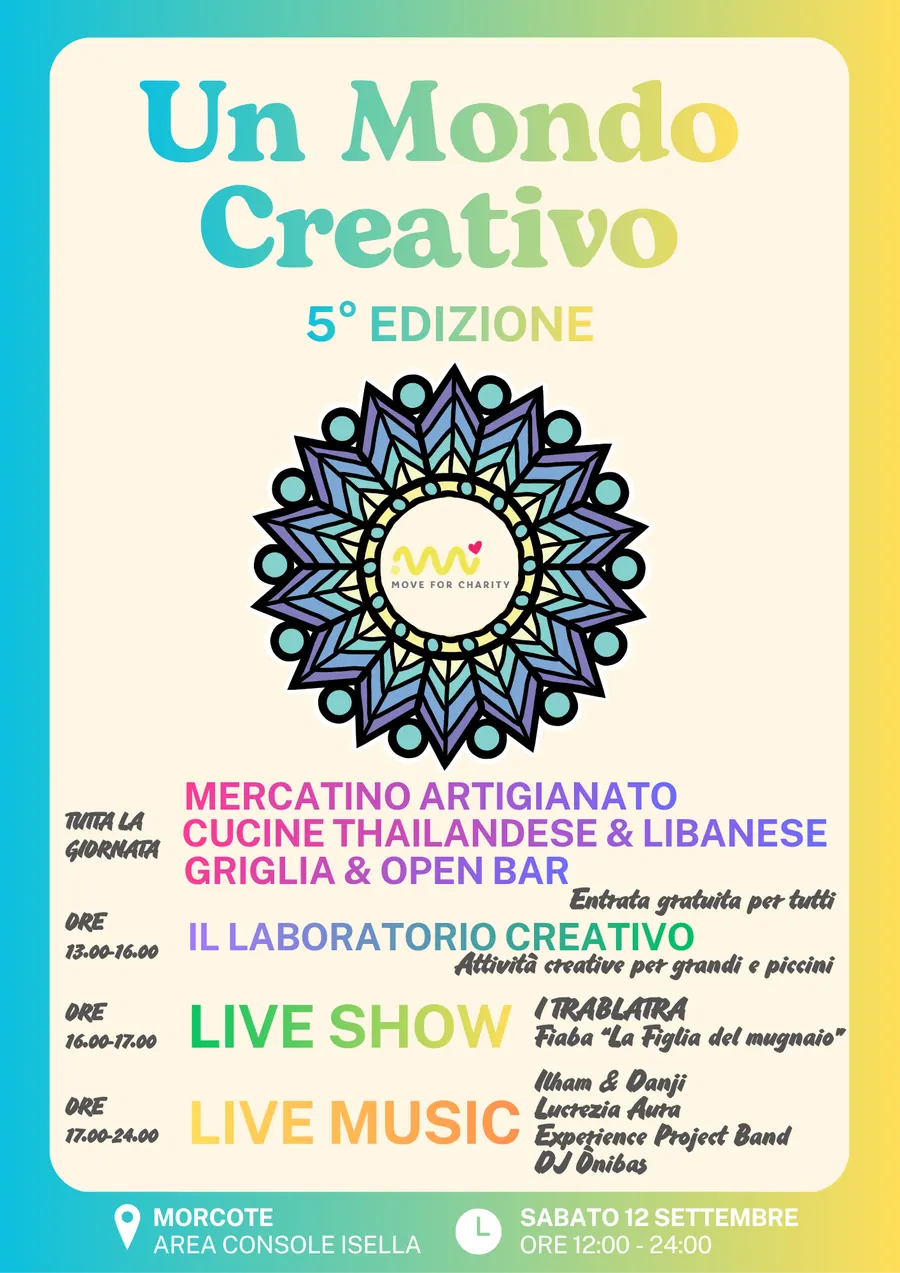 Volantino della quinta edizione di Un Mondo Creativo, sabato 12 settembre a Morcote, con mandala e programma della giornata